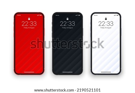 Different Variations Minimalist Red Black White 3D Smooth Blur Tilted Lines Wallpaper Set On Isolated Photo Realistic Mobile Phone Screen. Various Abstract Geometrical Screensavers For Smartphone