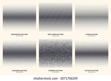 Verschiedene Variationen Moderne Halbtonmuster Vektorgeometrische Textur Set einzeln auf weißem Hintergrund. Mehrere Half-Tone-Gradient Collection Semi Circle Wavy Line Star Checkers Scribble Pop Art