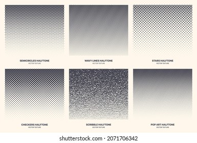 Different Variations New Halftone Gradient Vector Abstract Geometric Pattern Set Isolated On White Background. Various Half Tone Texture Collection Semi Circle Wavy Line Star Checkers Scribble Pop Art