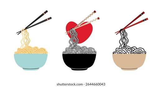 Different variations of noodles in bowl, asian food with wooden chopsticks original artwork