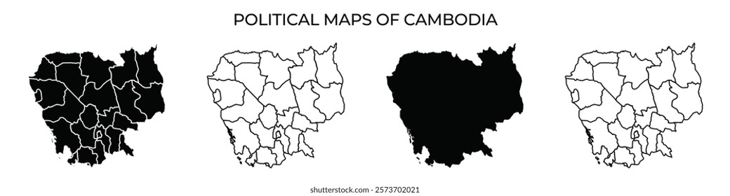 Different variations of political maps of Cambodia illustrate its administrative divisions. The maps use distinct colors to highlight borders and regions, making them visually informative.