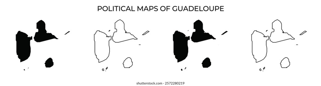 Different variations of political maps displaying the regions of Guadeloupe. These maps highlight geographical borders and significant areas within the territory during varying times.