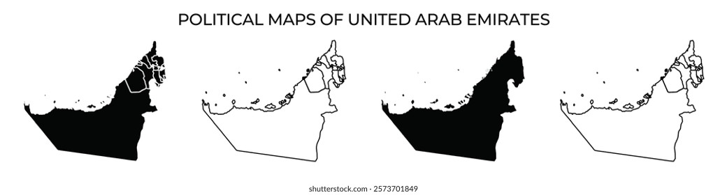 Different variations of political maps illustrate the territories of the United Arab Emirates. Each map highlights distinct regions and borders, reflecting geographic details clearly.