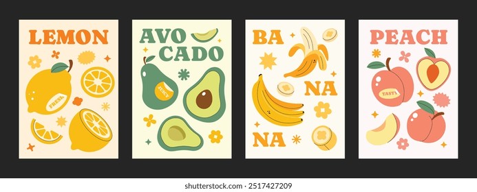 Diferentes variações de frutos cartazes. Folheto de frutas de layout de design. Limão, abacate, banana, pêssego, frutas sazonais saudáveis.