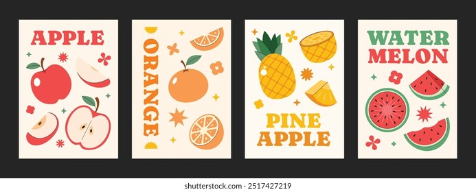 Verschiedene Variationen von Plakatfrüchten. Design Layout Obst Flyer. Apfel, Orange, Ananas, Wassermelone gesunde Früchte der Saison.