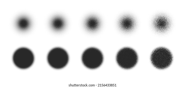 Different Variations Of Vector Hand Drawn Dotwork Stipple Circles Abstract Blur Shapes Set Isolated On White Background. Various Degree Black Noise Texture Dotted Round Design Elements Collection