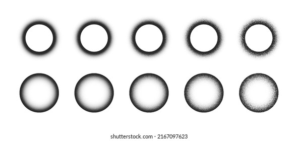 Different Variations Of Vector Hand Drawn Grainy Faded Circles Abstract Shapes Set Isolated On White. Various Degree Inner Outer Black Noise Texture Gritty Round Frames Design Elements Collection