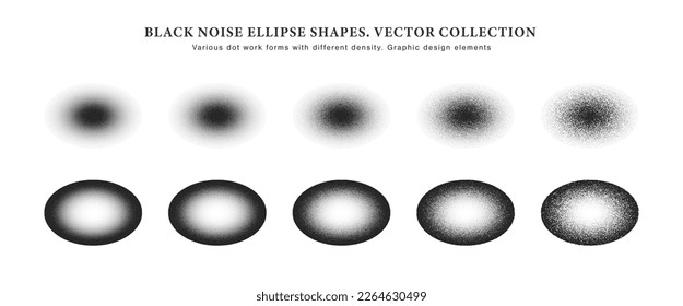 Different Variations Of Vector Hand Drawn Dotwork Stipple Oval Abstract Blur Shapes Set Isolated On White Background. Various Degree Of Black Noise Texture Dotted Elliptical Design Elements Collection