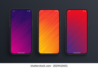 Different Variations Of Vivid Colors Glitch Art Wallpapers Set On Photorealistic Smartphone Screen Isolated On Dark Background. Set Of Vertical Abstract Backgrounds For Smartphone 