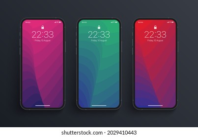 Different Variations Of Vivid Colors Warped Structure Wallpapers Set On Photorealistic Smartphone Screen Isolated On Dark Background. Set Of Vertical Abstract Backgrounds For Smartphone  - Shutterstock ID 2029410443