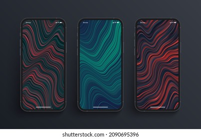 Different Variations Of Vivid Distorted Stripes Glitch Art Wallpapers Set On Photorealistic Smart Phone Screen Isolated On Dark Background  Vertical Abstract Screensavers Collection For Smartphone