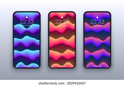 Different Variations Of Vivid Fluid Smooth Shapes Wallpapers Set On Photorealistic Smartphone Screen Isolated On Light Background  Set Of Vertical Abstract Backgrounds For Smartphone 