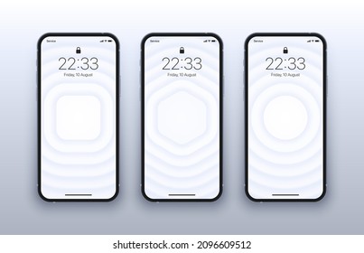 Different Variations Of White 3D Layered Smooth Geometric Wallpaper Set On Photo Realistic Smart Phone Screen Isolated On Light Background. Vertical Futuristic Abstract Art Screensavers For Smartphone