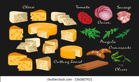 Different varieties of cheese, cut into slices, segments and in the form of heads. Slices of tomatoes, onions and sausages. Leaves of arugula, olives and croissants. Cutting board. Vector set
