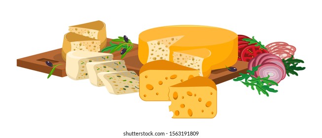 Different varieties of cheese, sliced and lying on wooden cutting boards. Near chopped tomatoes, onions, sausages, olives and green leaves. Vector illustration