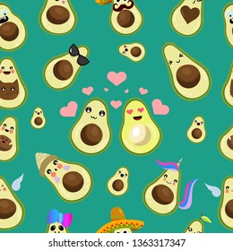 Different varieties of cute avocado. Seamless pattern. Vector illustration. Colored background