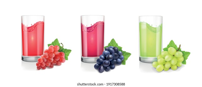 Different varieties of grapes and drinking glasses of wine or juice on white background. Red, black green pink muscatel grape banches 3d vector set.