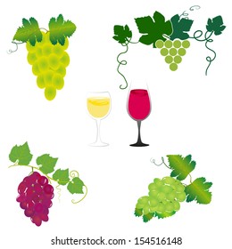 different varieties of grapes with leaves. wine glass with wine.