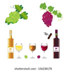 different varieties of grapes with leaves. wine glass with wine.