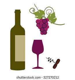 Different varieties of grapes with leaves. wine glass with wine.