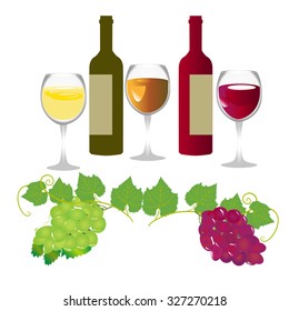 Different varieties of grapes with leaves. wine glass with wine.