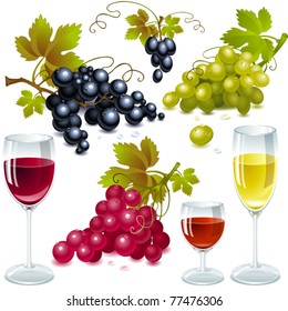 different varieties of grapes with leaves. wine glass  with wine.