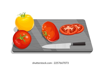 Different varieties of tomatoes, red and yellow tomatoes on a kitchen board with a knife. Bright juicy vegetable in cross section, vector isolated image on white background.