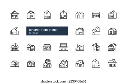 different and various design of facade home house building architecture residence detailed outline icon set. simple vector illustration