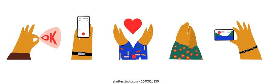 Different various of hands holding camera or phone, giving likes, thumb up, heart shape gesture, Ok sign. Flat doodle illustration in cute cartoon style, isolated