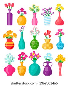 Different vases with colorful flowers bouquets set, vector illustration. Interior decoration. isolated on white background