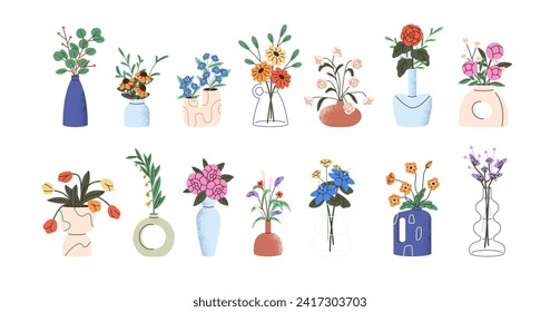 Different vases with flowers set. Peony bouquet in pottery pot. Rose in glass pitcher. Green, dried plants in modern flowerpots. Floral interior decoration. Flat isolated vector illustration on white