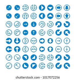 Different vector arrows, pixel icons isolated, collection of 8bit graphic elements. Simplistic digital direction signs, web icons. 