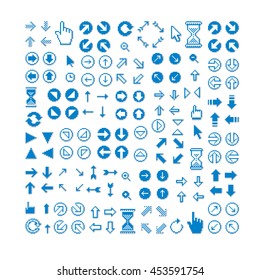 Different vector arrows, pixel icons isolated, collection of 8bit graphic elements. Simplistic digital direction signs, web icons. 