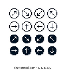 Different vector arrows, pixel icons isolated, collection of 8bit graphic elements. Simplistic digital direction signs, web icons. 