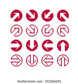 Different vector arrows, pixel icons isolated, collection of 8bit graphic elements. Simplistic digital direction signs, web icons. 