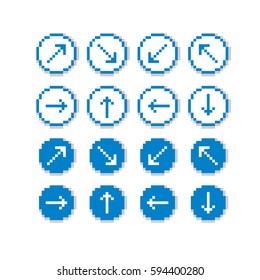 Different vector arrows, pixel icons isolated, collection of 8bit graphic elements. Simplistic digital direction signs, web icons. 