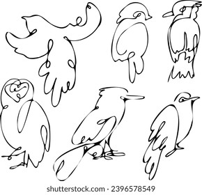 Unterschiedliche Vektorvögel, Skizzengrafik von einer Linie Vögeln. Minimalistische lineare Kunst, Umriss von Tätowierungen