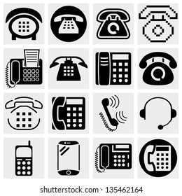 Different vector black phone icons set on gray.