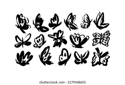 Different vector butterflies isolated on white background. Hand drawn black ink illustrations. Brush stroke style. Random black and white butterflies silhouettes. Collection of artistic simple moths