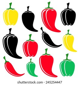 Different vector colorful and black peppers collection isolated