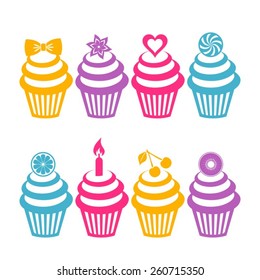 Different vector colorful cupcake silhouettes on white background 
