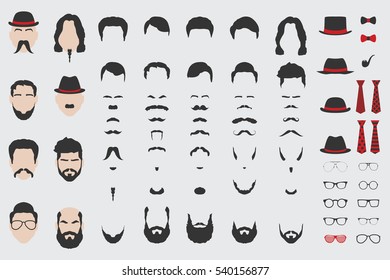 Different vector design elements of men face, beard, mustache, hair, tie and glasses.