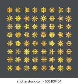 Different vector golden snowflakes collection isolated on transparent. Vector ice crystal set on dark background