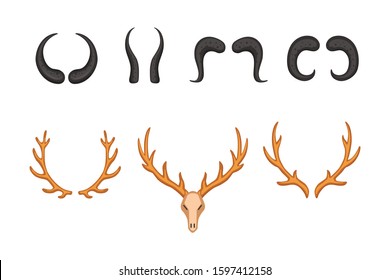 Different vector horns, horny hunting trophy illustration in cartoon style.
