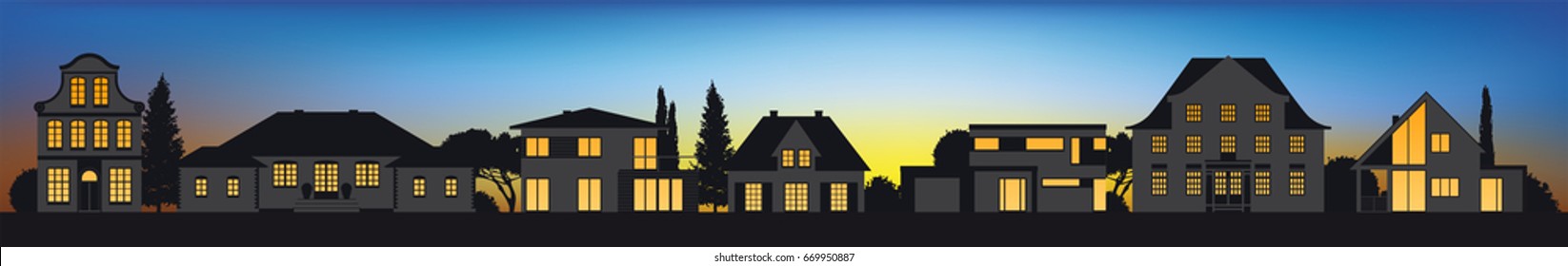 Different Vector House Pictograms In A Row In Sunset