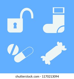 different vector icons set. with open lock, sock, tablet capsule and candy in set