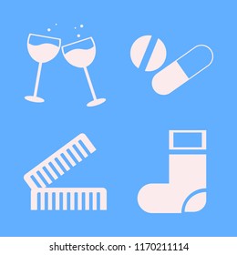 different vector icons set. with tablet capsule, sock, combs and glasses wine in set