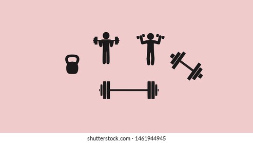 Different vector images representing weightlifting as a hobby for wellbeing (isolated on pink background)