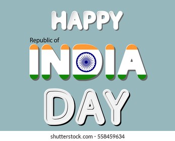 different vector lettering word of happy republic of india day with national flag and white gray gradient as paper or metallic effect on blue retro colors background