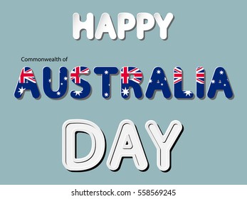 different vector lettering word of happy Commonwealth of Australia day with national flag and white gray gradient as paper or metallic effect on blue retro colors background